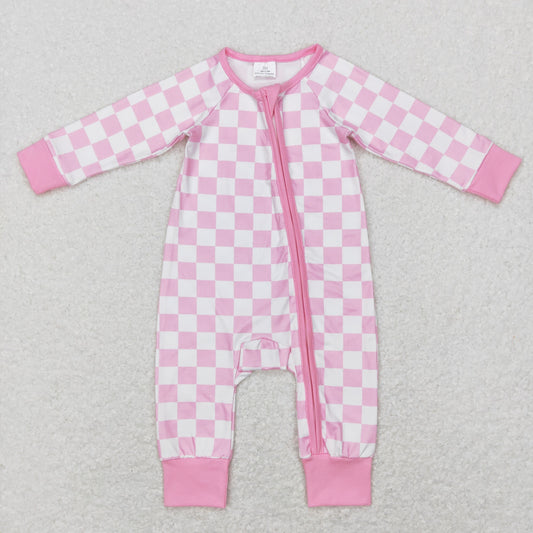 Baby Pink Checked Zipper Rompers Sleeper Milk silk