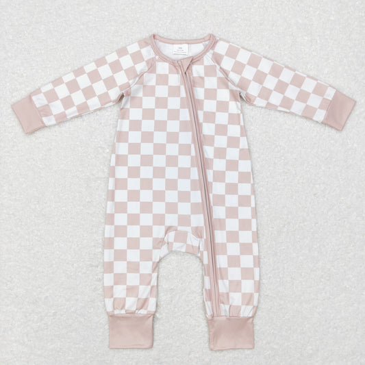 Baby Brown Checked Zipper Rompers Sleeper Milk silk