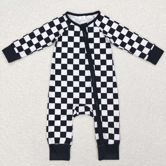 Baby Black Checked Zipper Rompers Sleeper Milk silk