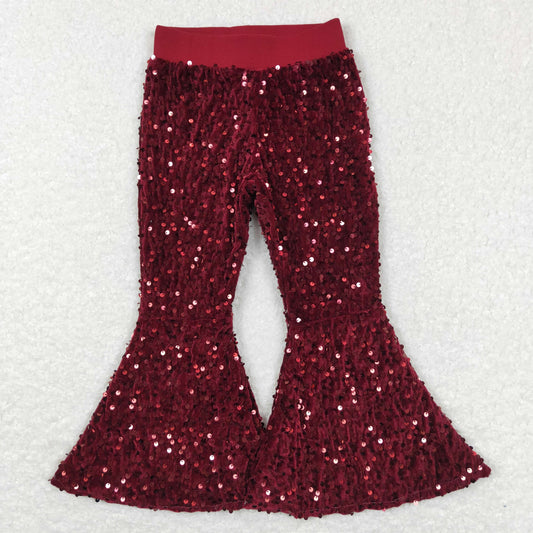 Girls Sequined Bell Bottom Pants Dark Red