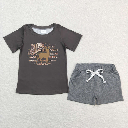 Boys Deer Outfits Short Sleeves Gray Shorts