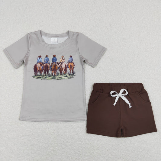 Boys Cowboys Outfits Short Sleeves Brown Shorts