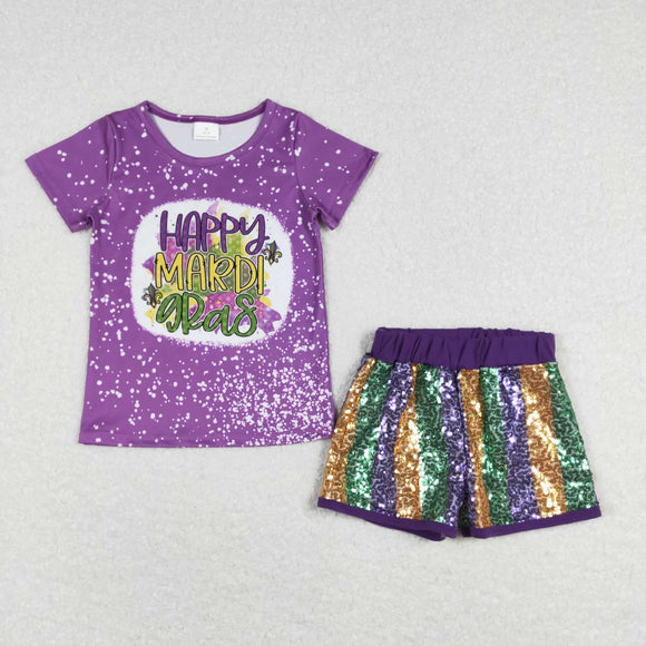 Girls Mardi Gras Outfits Short Sleeves Sequin Shorts
