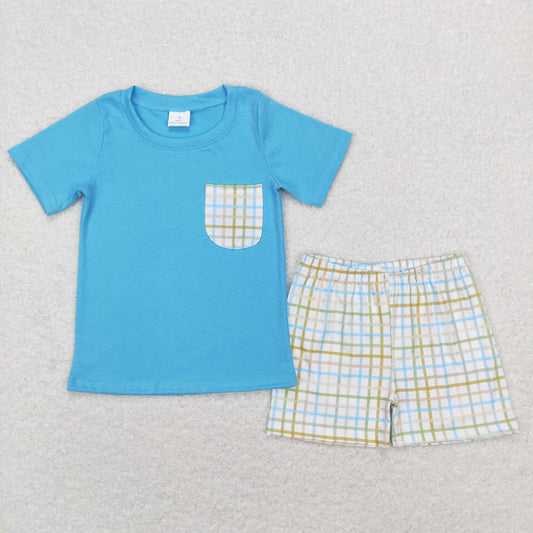 Boys Blue Outfits Short Sleeves Plaid Shorts