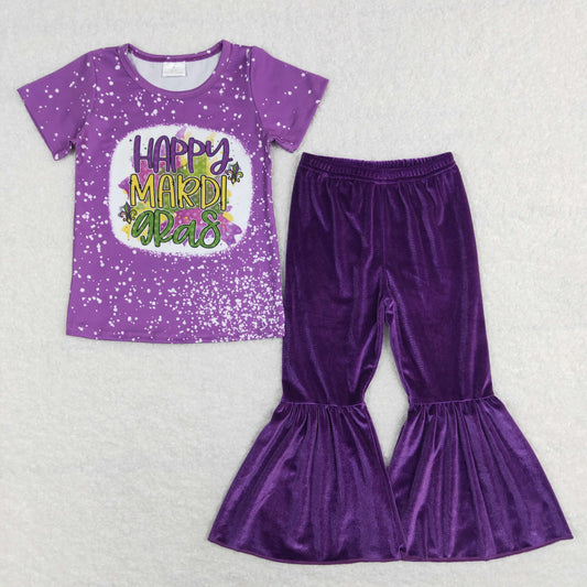 Girls Mardi Gras Outfits Short Sleeves purple Velvet