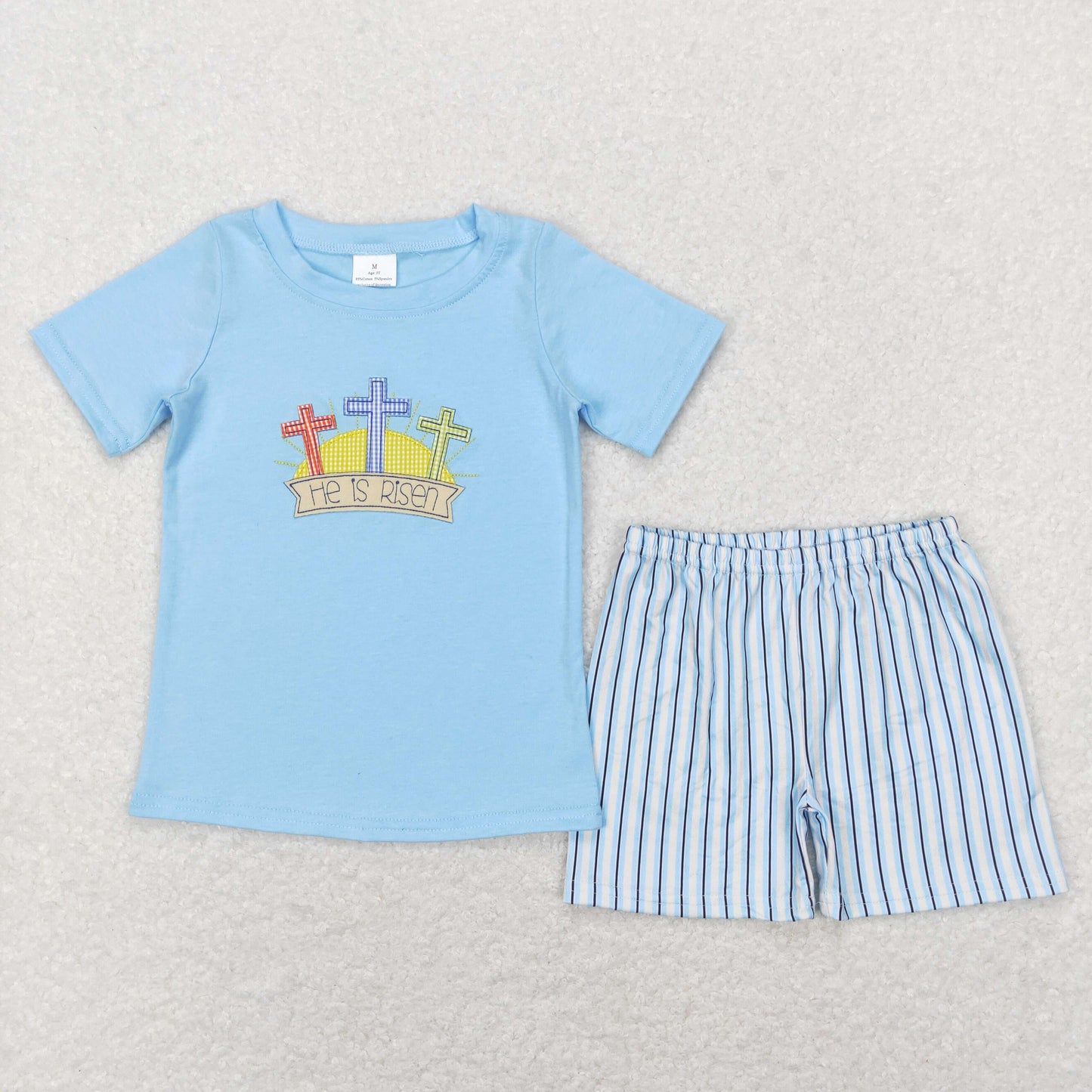 BSSO0356 Boys He is Risen Outfits Short Sleeves Shorts Embroidery