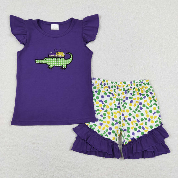 GSSO0444 Girls Mardi Gras Crocodile Purple Outfits Short Sleeves Embroidery
