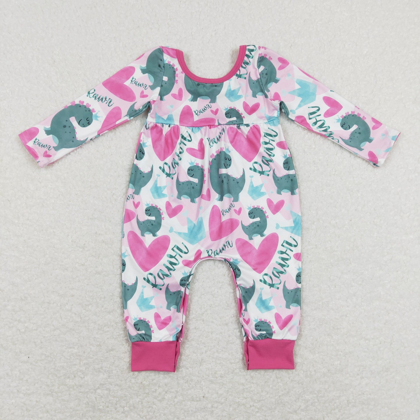 LR0877 Baby Girls Valentine Dinosaur Rompers