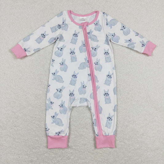 LR0836 Baby Girls Bunny Zipper Rompers