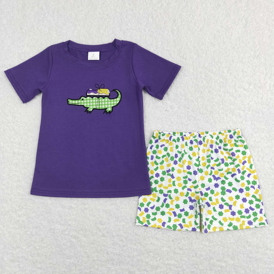 GSSO0410 Boys Mardi Gras Crocodile Purple Outfits Short Sleeves Embroidery