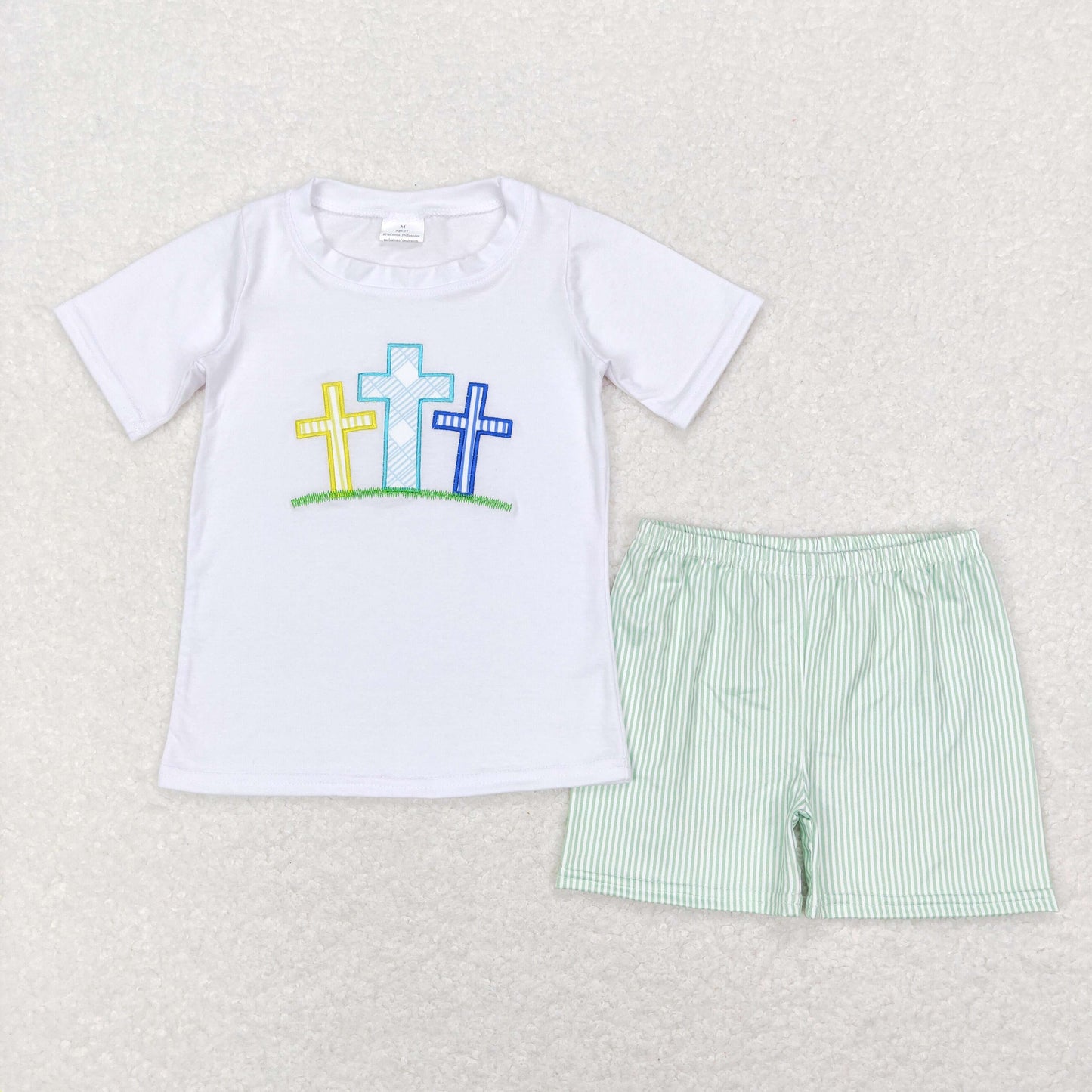 BSSO0337 Boys Cross Embroidery Outfits Short Sleeves Shorts