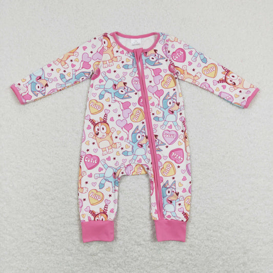 LR0886 Baby Valentine Dog Zipper Rompers Sleeper Milk silk