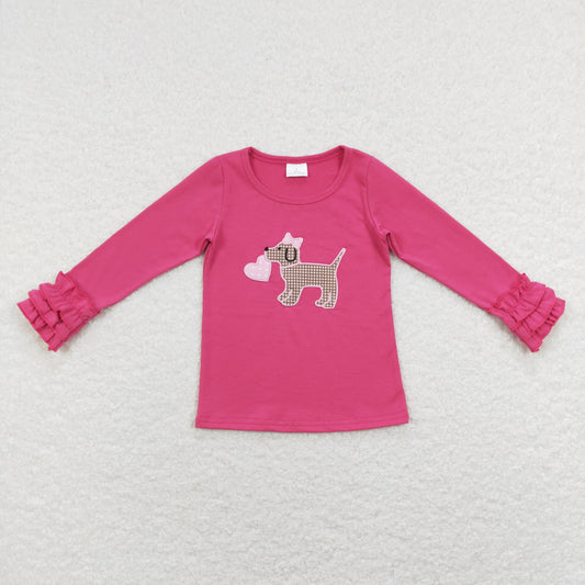 GT0409 Girls Dog Pink Top Shirt Embroidery