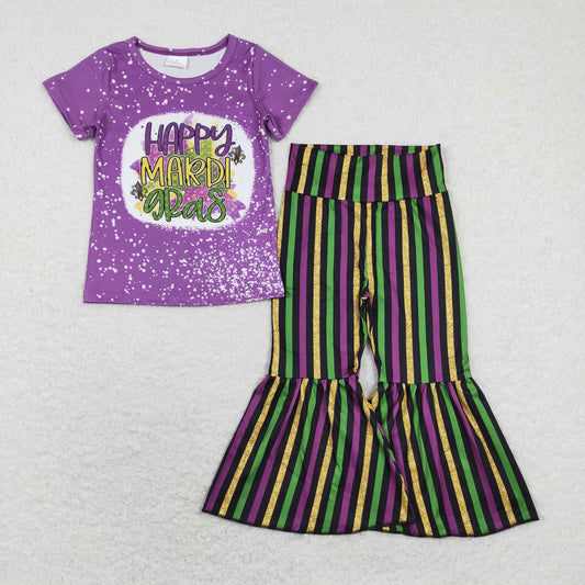 Girls Mardi Gras Outfits Short Sleeves Stripe Pants