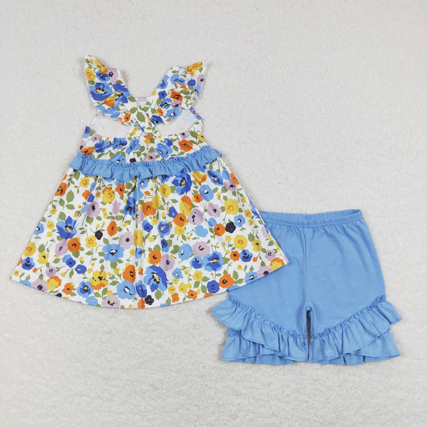 GSSO0494 Girls Blue Floral Outfits Short Sleeves