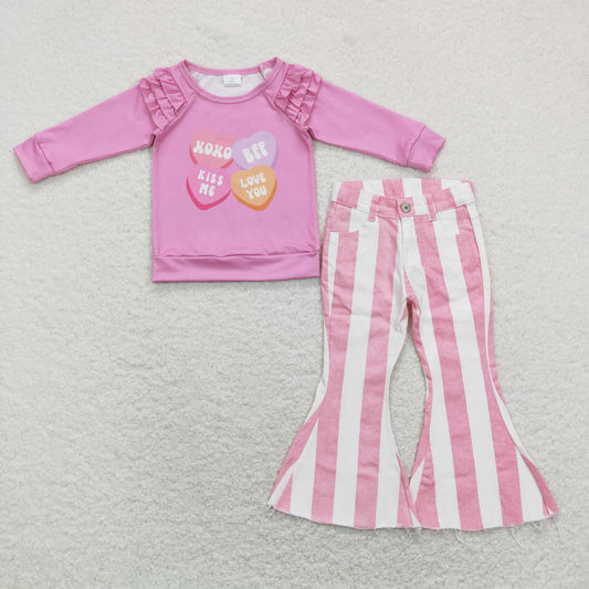 Girls Valentine XOXO Outfits long Sleeves Pink Jeans