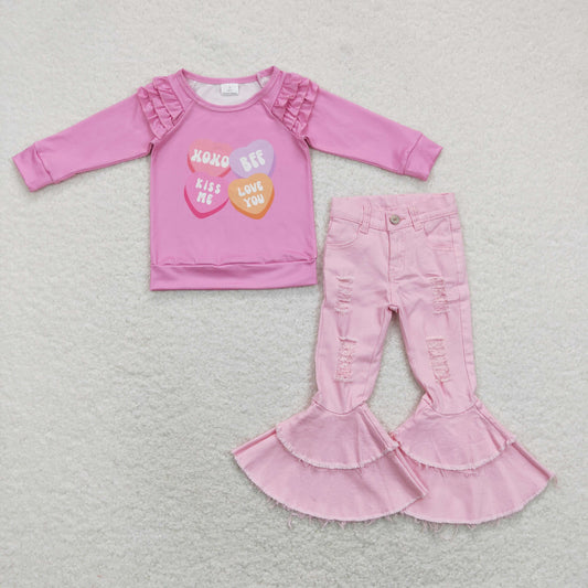 Girls Valentine XOXO Outfits long Sleeves Pink Jeans