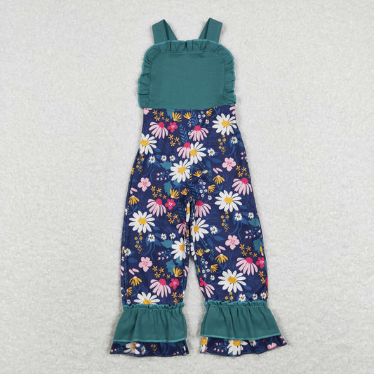 SR0964 Girls Green Floral Overalls