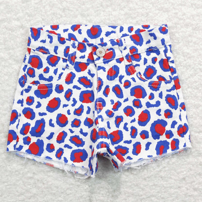 SS0167 Girls Blue Leopard Denim Shorts