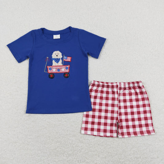 BSSO0423 Boys July 4th Dog Blue Outfits Embroidery