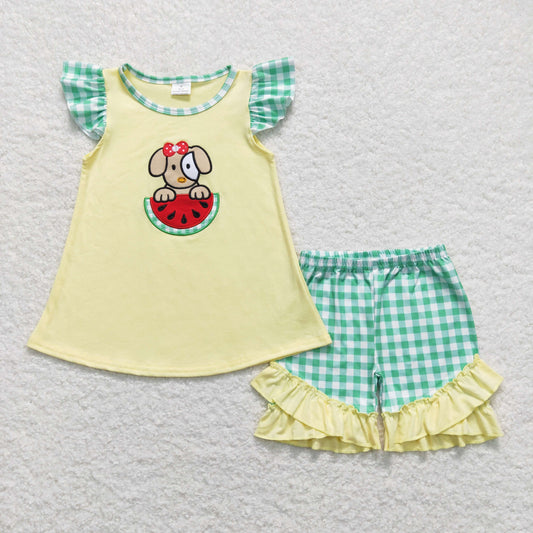 GSSO0483 Girls Watermelon Dog Outfits Embroidery