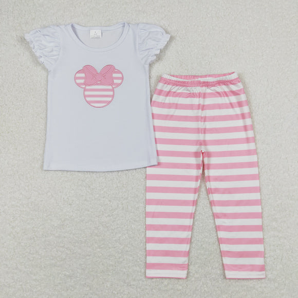 GSPO1198 Girls Cartoon pink Stripe Outfits Embroidery