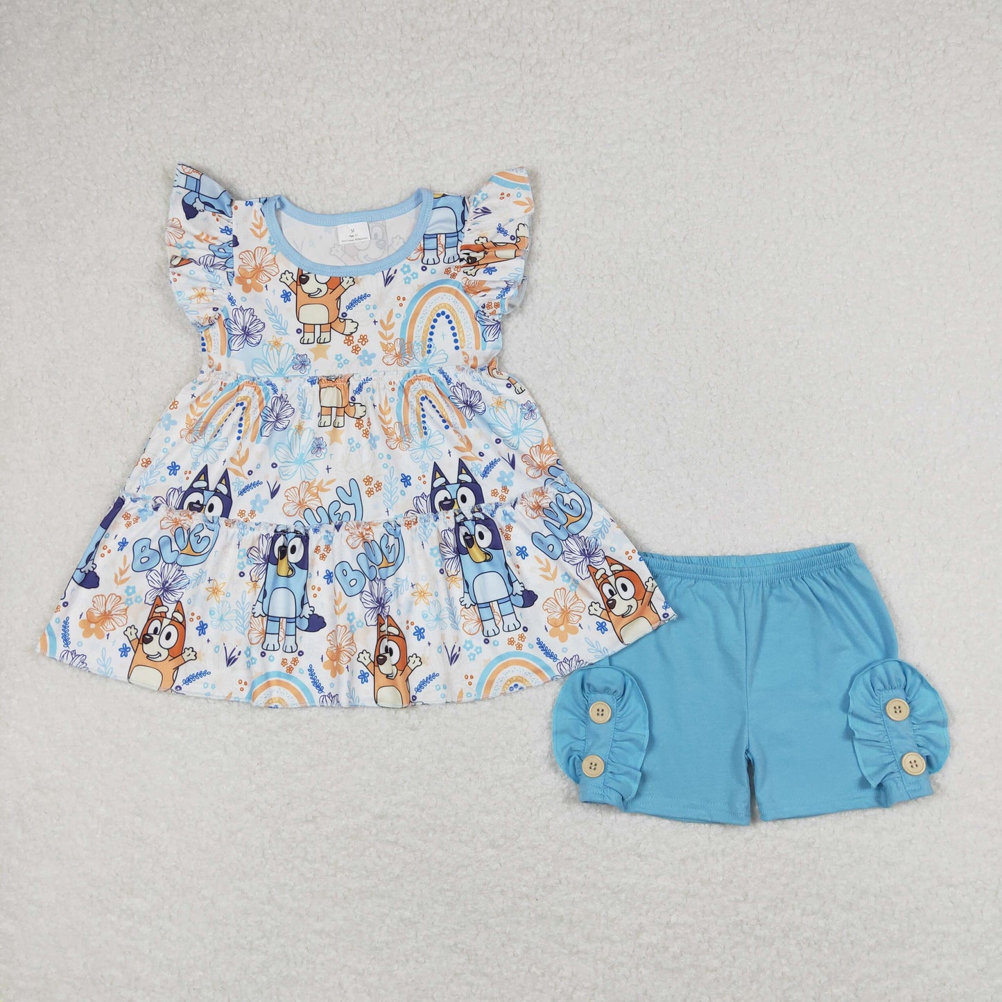 Girls Cartoon Dog Outfits Blue Shorts