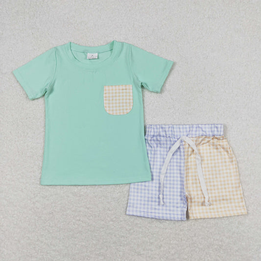 BSSO0680 Boys Mint Plaid Pocket Outfits