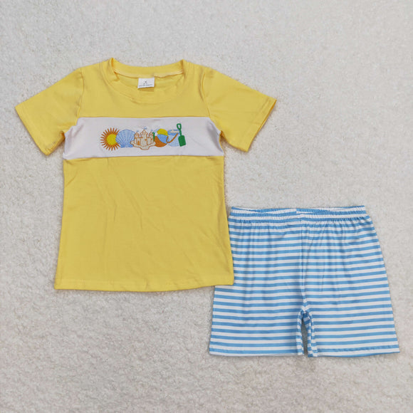 BSSO0397 Boys Beach Embroidery Outfits Short Sleeves Stripe Shorts