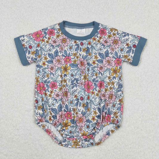 SR1500 Short sleeves blue floral baby girls summer romper