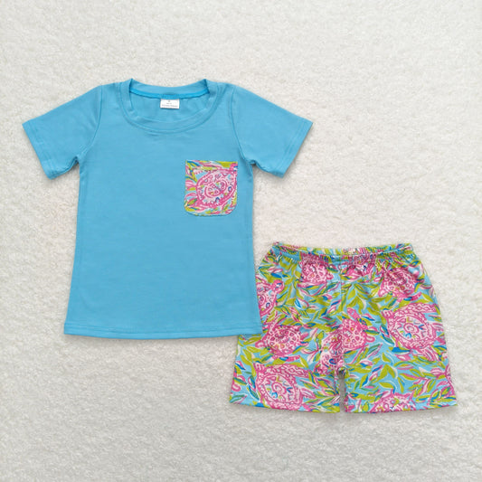 BSSO0846 Blue pocket watercolor turtle shorts boys summer outfits