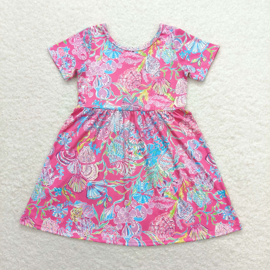 GSD1115 Short sleeves hot pink watercolor shell girls summer dress