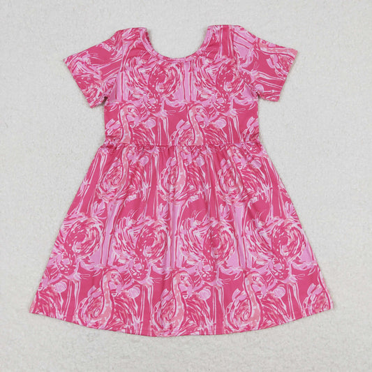 GSD1116 Short sleeves hot pink watercolor flamingo girls summer dress