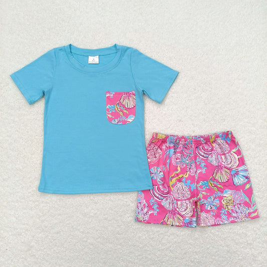 BSSO0841 Blue pocket top watercolor shell shorts boys clothes