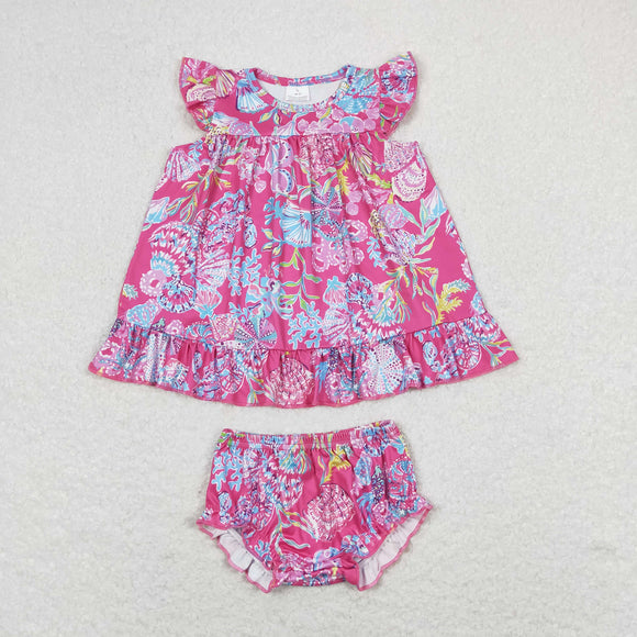 GBO0344 Hot pink flutter sleeves watercolor baby girls bummies set