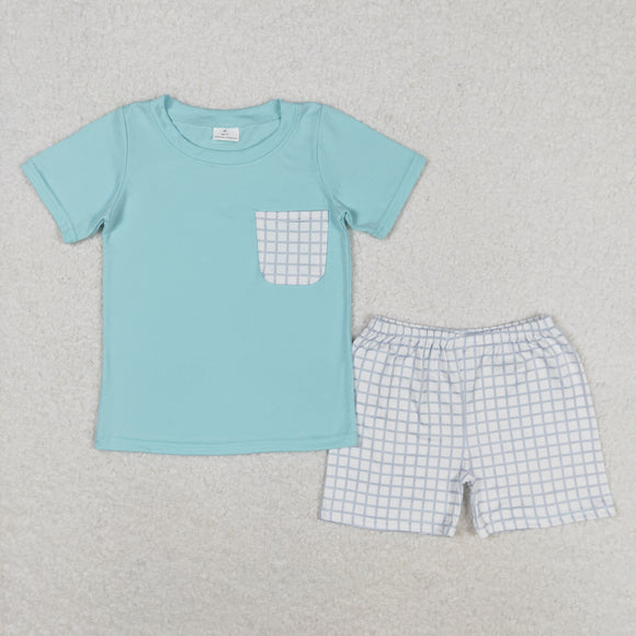 BSSO0799 Boys Blue Outfits Short Sleeves Plaid Shorts