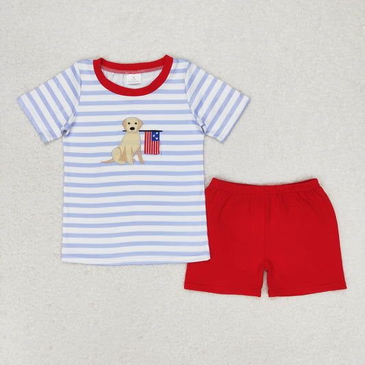 BSSO0619 Boys Flag Dog Red Outfits Embroidery