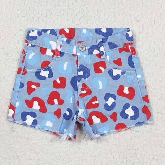 SS0166 Girls Blue Leopard Denim Shorts