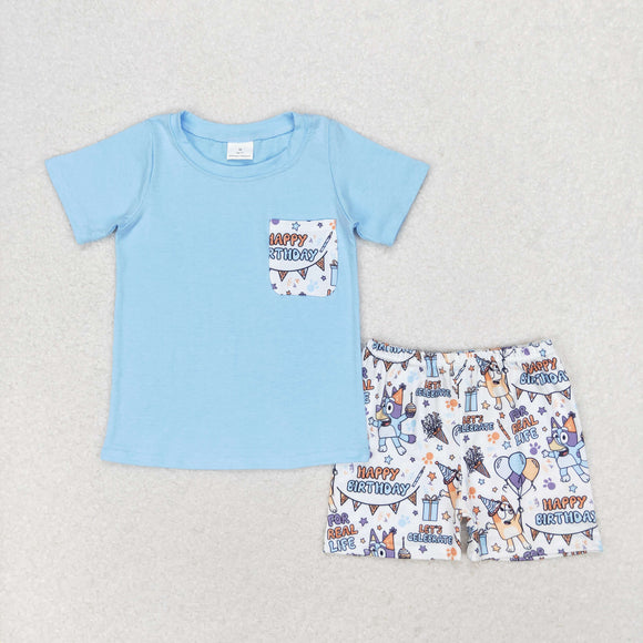 BSSO0907 Light blue pocket top shorts Happy Birthday boys outfits
