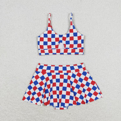 S0287 Girls Blue red plaid Bathing Suit 2pcs