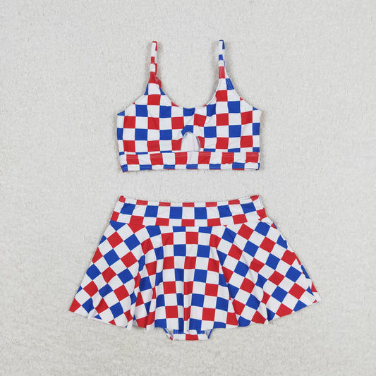 S0287 Girls Blue red plaid Bathing Suit 2pcs