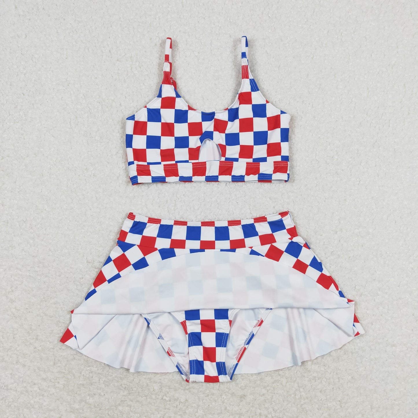 S0287 Girls Blue red plaid Bathing Suit 2pcs