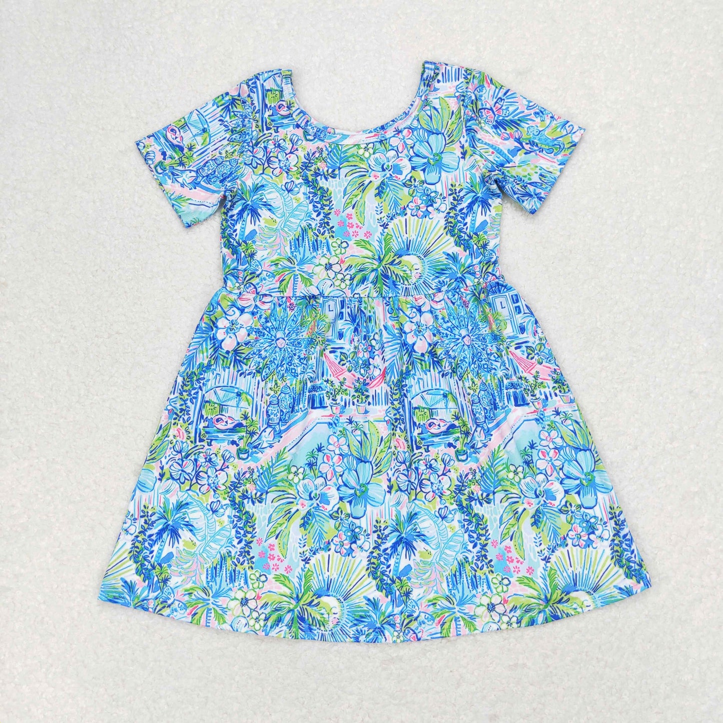 GSD1114 Short sleeves blue watercolor floral girls summer dress