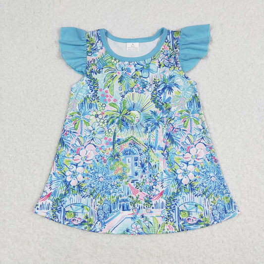 GT0562 Flutter sleeves blue watercolor floral girls shirt