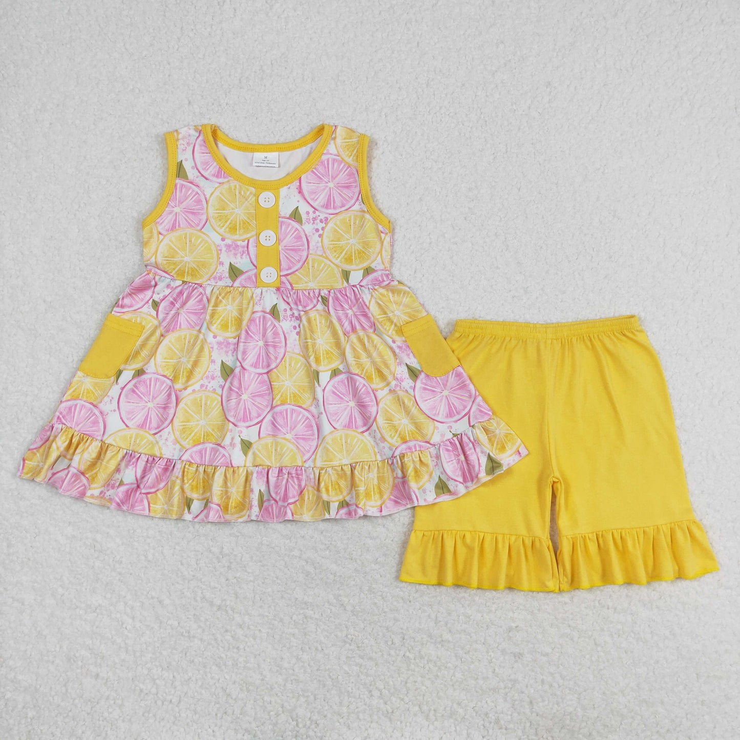 GSSO1079 Sleeveless lemon tunic ruffle shorts girls summer clothes