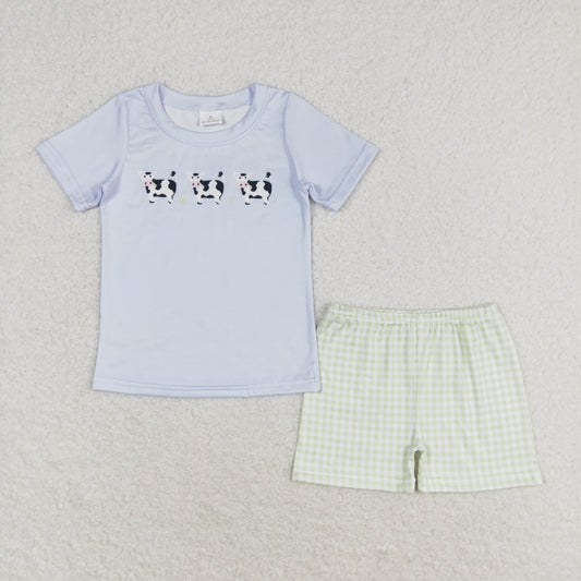 BSSO0935 Short sleeves cows top plaid shorts boys clothes