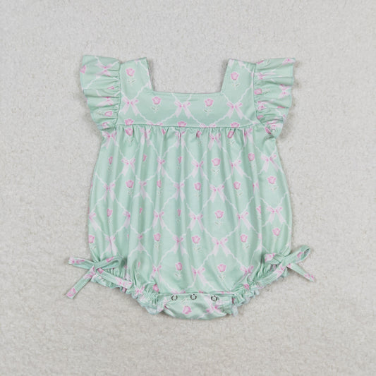 SR1503 Mint flutter sleeves floral baby girls spring romper