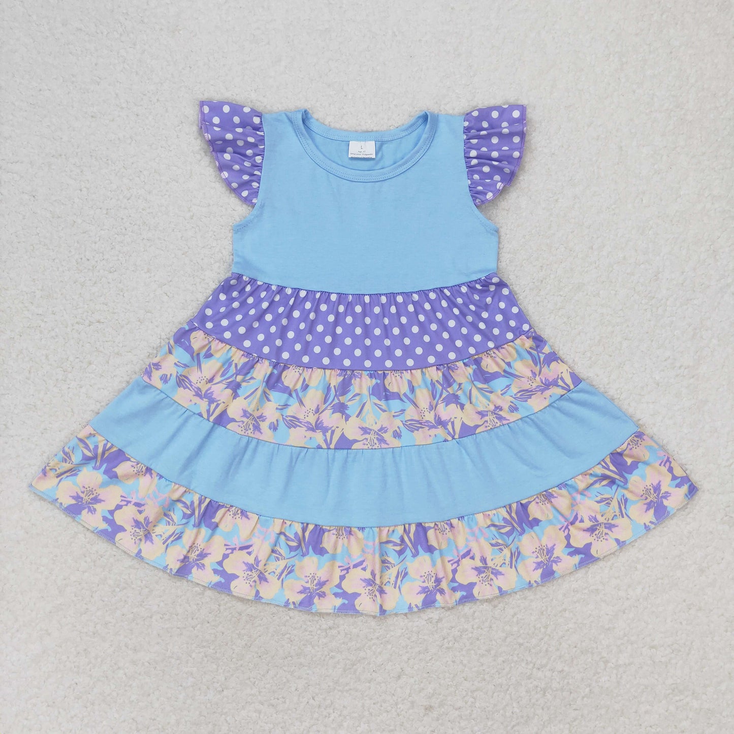 GSD1164 Flutter sleeves light blue polka dots floral patchwork girls dress