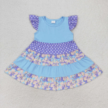 GSD1164 Flutter sleeves light blue polka dots floral patchwork girls dress