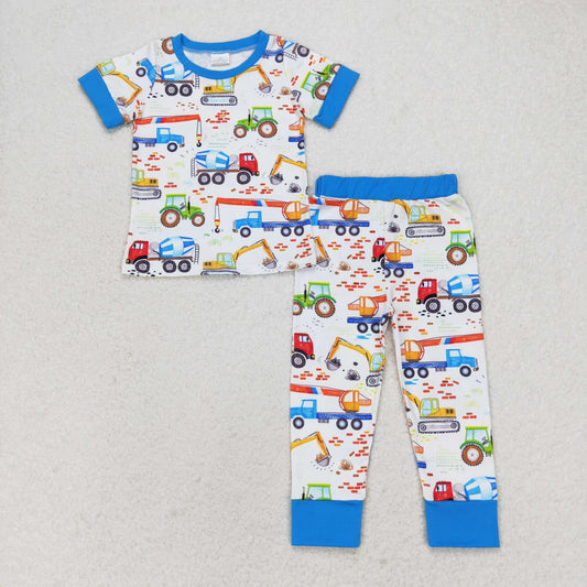 BSPO0385 Blue short sleeves constructions top pants toddler boy pajamas